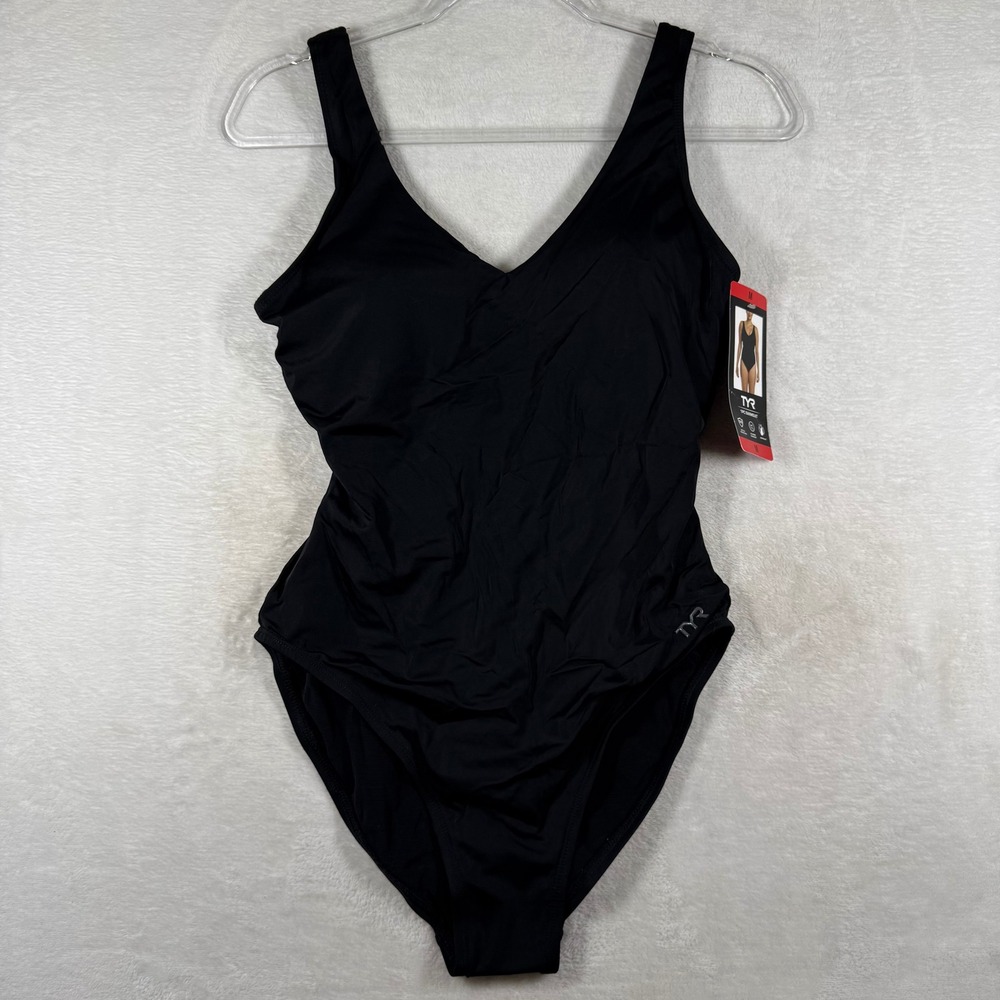 TYR Womens Controlfit One Piece Swimsuit Black V-Neck Chlorine Resistant 1842968